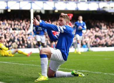 Gerard Deulofeu celebrates scoring for Everton against Cardiff.
