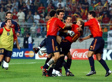 Spain's Gaizka Mendieta celebrates after he scoring the winning penalty against Ireland.