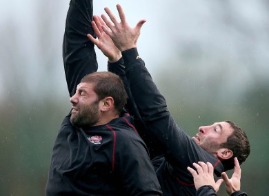 Giorgi Chkhaidze and Alexander Todua compete in the air at training in Donnybrook earlier this week.