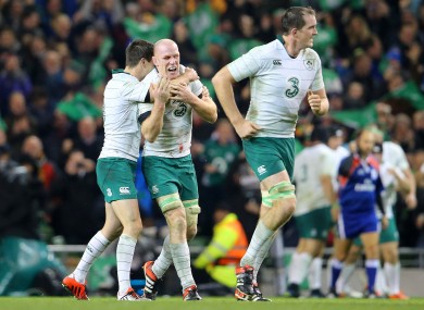 Johnny Sexton and Paul O'Connell celebrate Tommy Bowe's try.