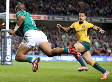 Simon Zebo dives in for his first-half try after Sexton's superb kick.
