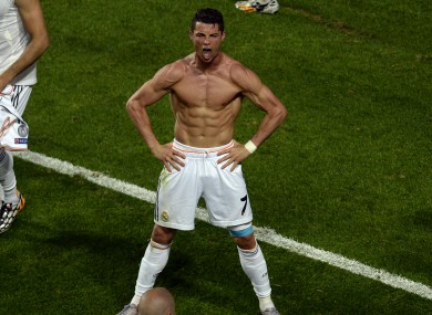 Ronaldo celebrates scoring in the Champions League final.
