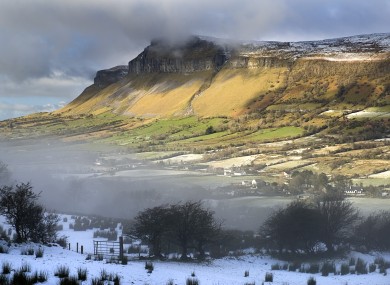 Glencar, Kings Mountain with mist and snow in the valley below.