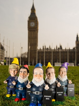 The leaders of the five main parties in gnome form. (LtoR: Nicola Sturgeon, Ed Miliband, David Cameron, Nick Clegg and Nigel Farage)