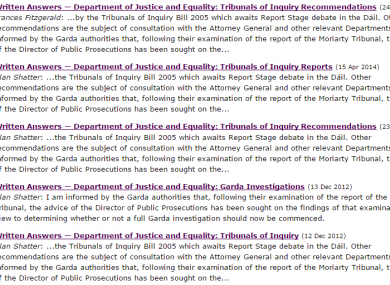 The wording of written answers to questions about Moriarty has not changed despite a change of minister.