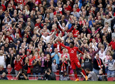 Liverpool's Daniel Sturridge celebrates his second goal.