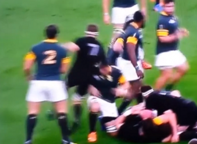 A still from the incident in which McCaw and Louw collided.