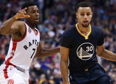Golden State Warriors star Steph Curry and Kyle Lowry of the Toronto Raptors