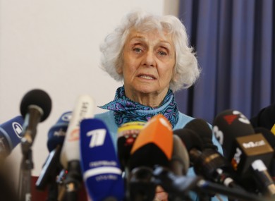 Eva Fahidi speaks to reporters in April 2015.