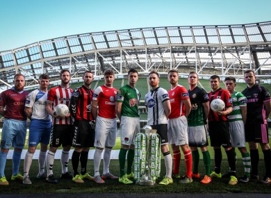Players from the 12 Premier Division clubs at the Aviva Stadium today.