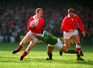 Paul Thorburn, Welsh Skipper, tackled, by Rob Saunders, Irish Skipper, during a 1991 Five Nations match at Cardiff Arms Park.