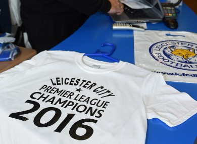 A t-shirt celebrating Leicester City as Premier League Champions 2016 in JC Sports in Leicester. The product will be sold in the shop from Monday if Leicester City clinch the Premier League title this weekend.