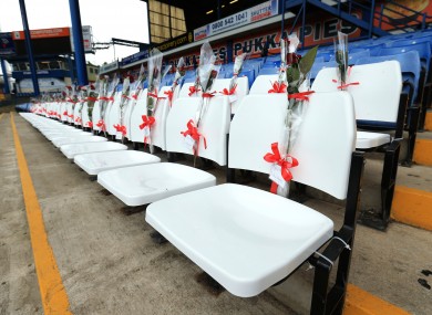 96 blue seats at the Leppings Lane end of Hillsborough are replaced by 96 white seats to represent the victims.