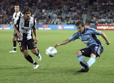 Ribeiro (left) up against former Italy and Sydney FC striker Alessandro Del Piero during his time in the A-League with Newcastle Jets.