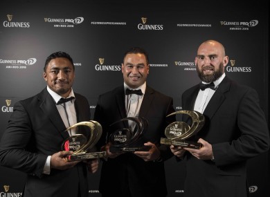 Bundee Aki, Pat Lam and John Muldoon at this evening's Guinness Pro12 awards event in Dublin.