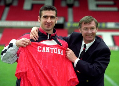 Eric Cantona with then-manager Alex Ferguson after joining Manchester United in 1992.