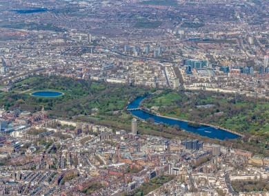 Hyde Park from the air, with the Serpentine to the right.