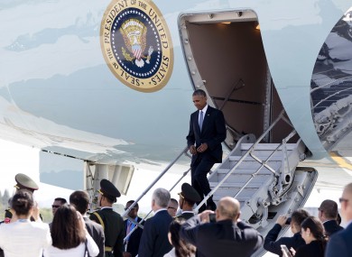 Barack Obama exits using a much smaller exit. from Air Force One.