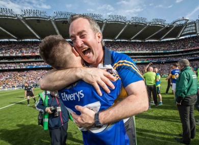 Tipperary manager Michael Ryan celebrates with Aidan McCormack at the final whistle.