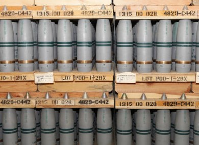 105mm shells are shown that contain mustard agent where they are stored in a bunker at the Army's Pueblo Chemical Storage facility in Pueblo, Colorado.