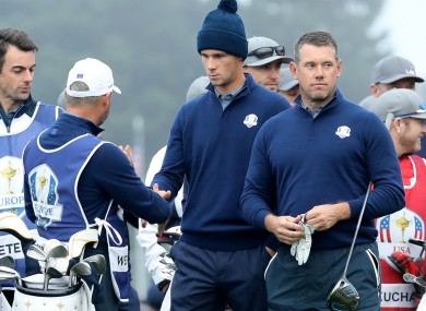 Thomas Pieters and Lee Westwood on day one of the Ryder Cup.