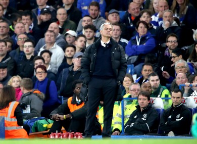 Manchester United manager Jose Mourinho dejected on the touchline during the Premier League match at Stamford Bridge.