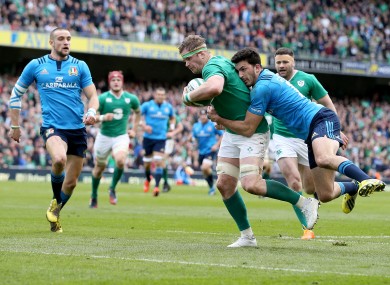 Jamie Heaslip is tackled by Leonardo Sarto in a Six Nations match against Italy in March.