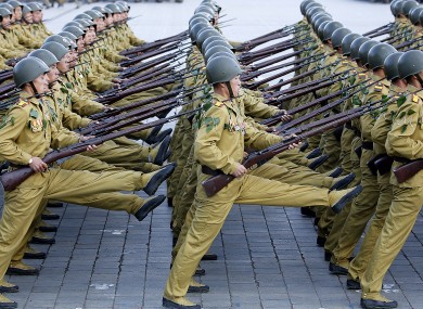 North Korean soldiers march across the Kim Il Sung Square during a military parade in Pyongyang, North Korea.