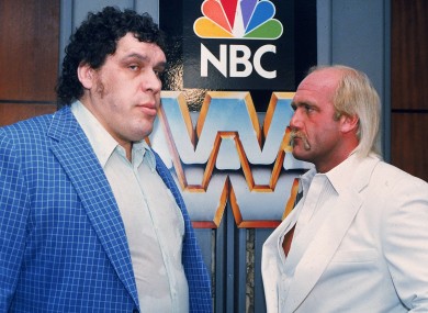 World Wrestling Federation Heavyweight Champion Hulk Hogan, right, faces off against Andre the Giant at a New York press conference in 1988.