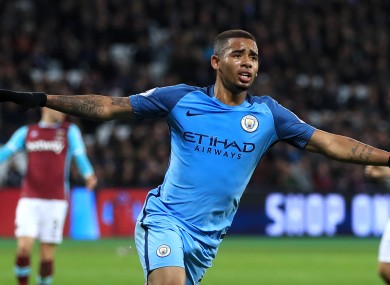 Manchester City's Gabriel Jesus celebrates scoring his side's third goal.