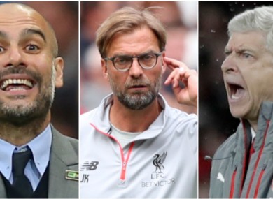 Manchester City manager Pep Guardiola (left), Liverpool boss Jurgen Klopp and Arsenal chief Arsene Wenger.