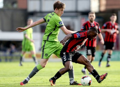 Fuad Sule holds off Jake Hyland of Drogheda United.