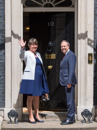 DUP leader Arlene Foster and DUP deputy leader Nigel Dodds arriving at 10 Downing Street today.