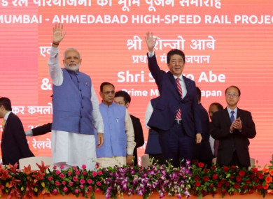 Indian Prime Minister Narendra Modi (left) and Japanese Prime Minister Shinzo Abe at the launch on Thursday