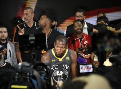 Golden State Warriors forward Kevin Durant interviews during the Nike and Sony press conference at Sony Studios.