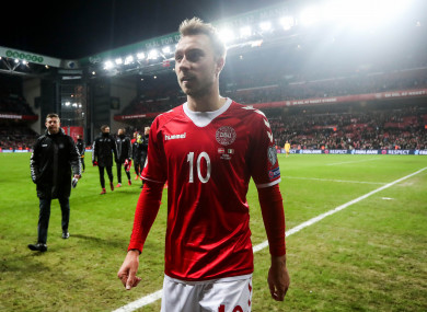 Christian Eriksen walks off the pitch at Telia Parken following his side's 0-0 draw on Saturday.