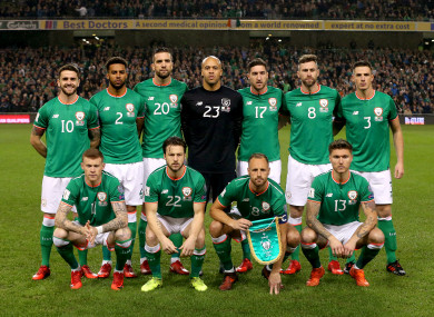 Republic of Ireland players pose for a group photograph ahead of last night's match against Denmark.