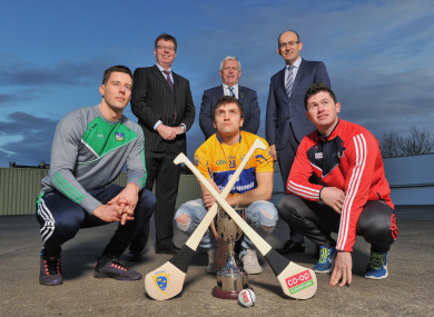 Dan Morrissey (Limerick), Shane O'Donnell (Clare) and Seamus Harnedy (Cork) at the launch.
