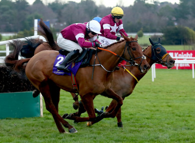 Road to Respect (yellow hat) jumps the last on the way to beating Balko des Flos.