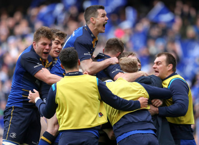 Leinster celebrate Leavy's try.
