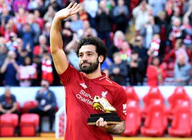 Salah picks up the Golden Boot after the game at Anfield.