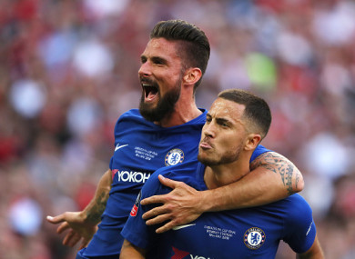 Olivier Giroud and Eden Hazard celebrate taking the lead.