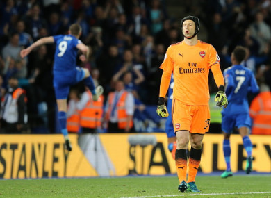 Petr Čech dejected after Jamie Vardy's penalty in the second half.