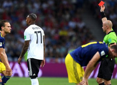 Germany defender Jerome Boateng is dismissed.