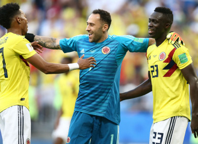 Colombia players Johan Mojica, David Ospina and Davinson Sanchez