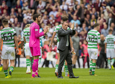 Celtic Manager Brendan Rodgers after defeat during the Ladbrokes Scottish Premiership match at Tynecastle Stadium.