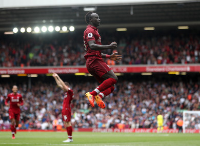Sadio Mane celebrates scoring for Liverpool at Anfield.