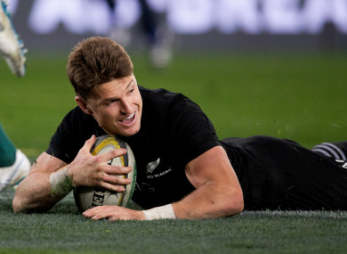 Beauden Barrett scores a try during the first Bledisloe Cup match between Australia and New Zealand.