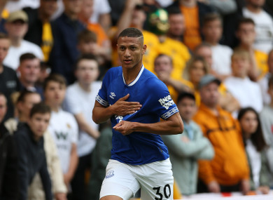 Everton's Richarlison celebrates scoring.