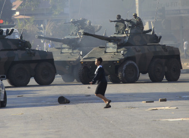 Military tanks in Harare following demonstrations by opposition party supporters.